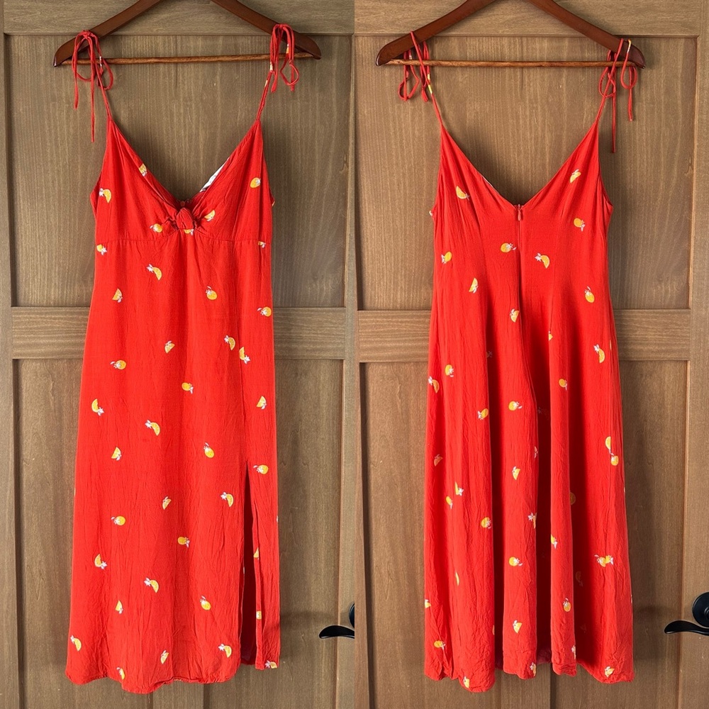 ASTR the label Brigette Tie Shoulder Fruit Print Midi Dress with Slit size Small - Picture 2 of 12